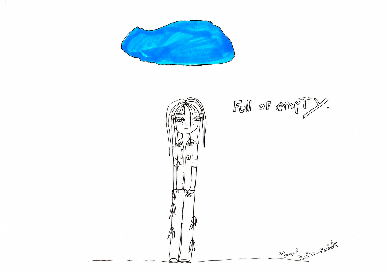 Ink drawing of a person standing under a blue cloud, captioned Full of empty